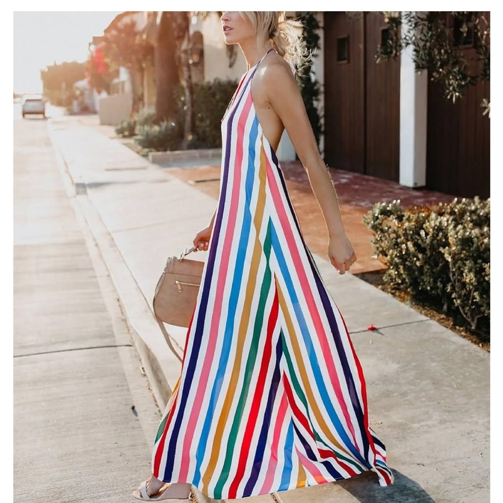 VICI Open Back Striped Halter Maxi Dress